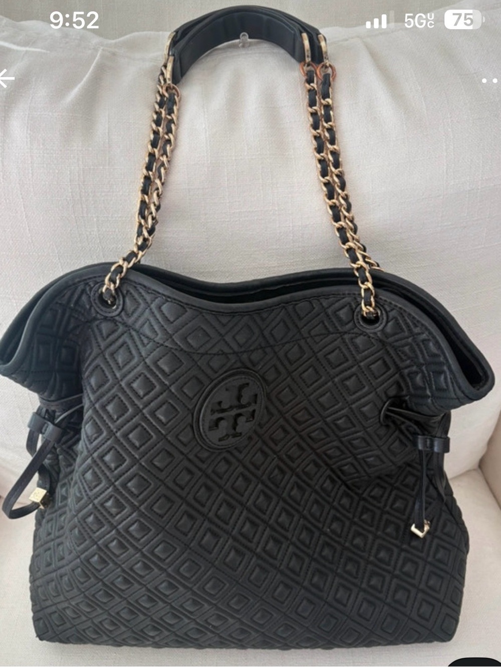 Tory Burch Black Quilted Leather Tote with Gold Chain Handles.